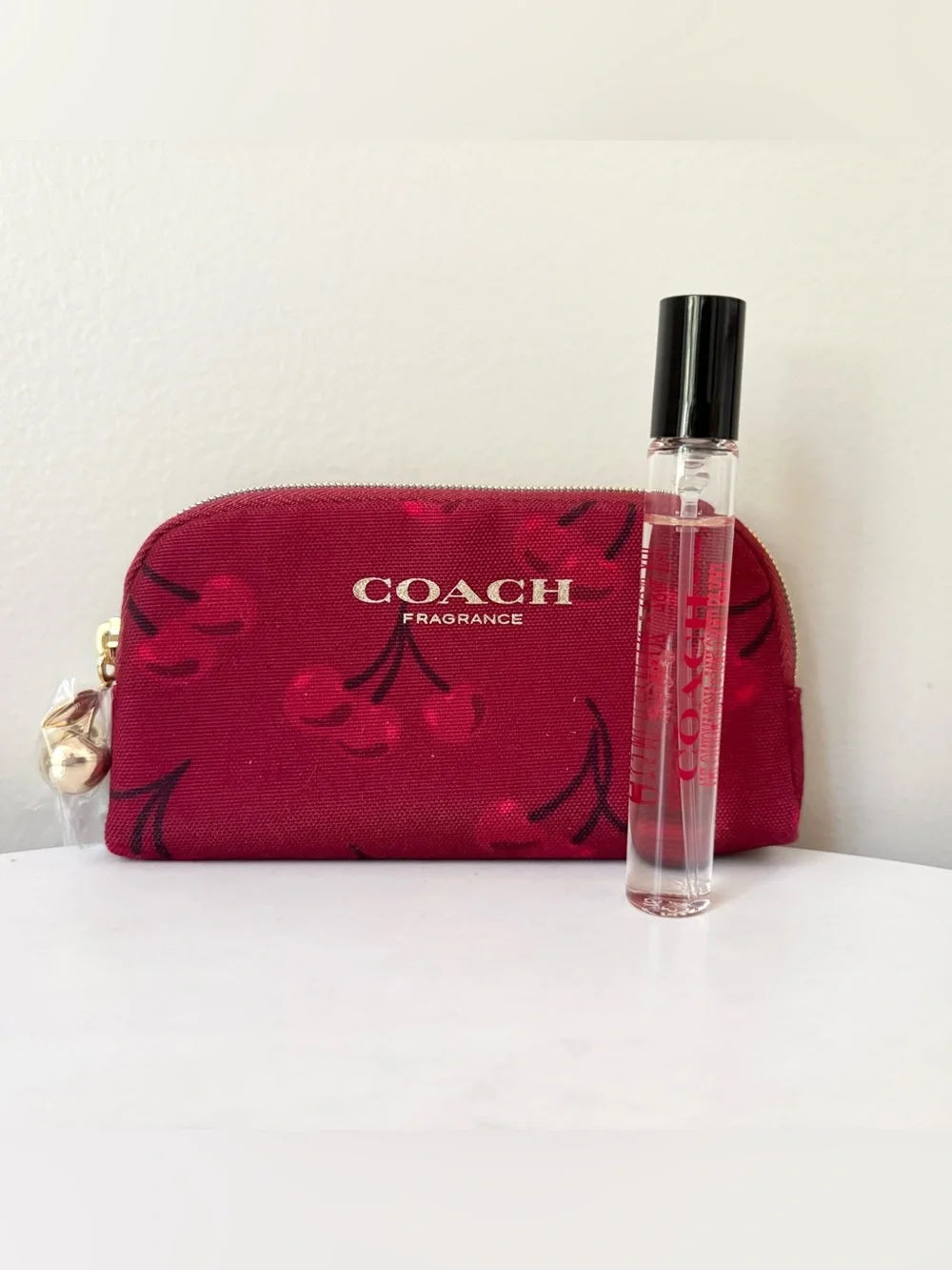 NEW COACH Red Cherry EDP Cosmetic Pouch with Gold Hardware